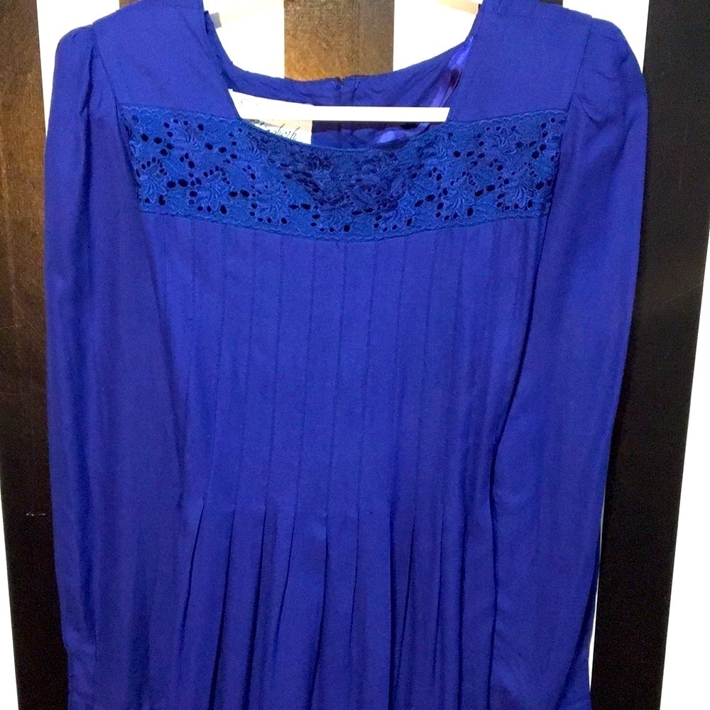 Vintage 80s Royal Blue Prairie Dress Modest Long Sleeve Size 12 Woman’s Large XL - Picture 15 of 17